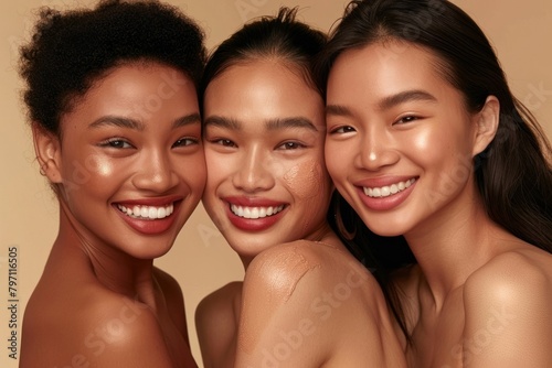 South East Asian women face with no makeup happy laughing dimples. photo