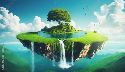surreal float landscape with waterfall paradise idea on blue sky cloud floating island with river stream on green grass with tree generative ai © Heaven