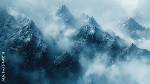 Ethereal mist swirling around mountain peaks