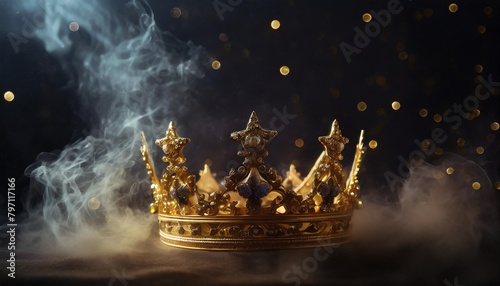a gold crown with stars and smoke in the dark background