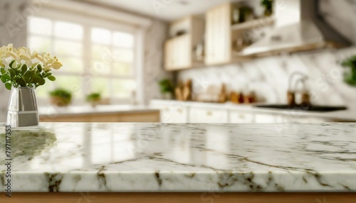 selective focus marble table top on blur white kitchen room background f