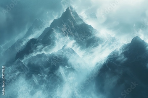 Ethereal mist swirling around mountain peaks photo