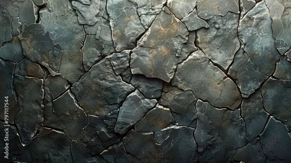 A wall made of broken rocks with a crack in it. The wall is made of stone and has a rough texture