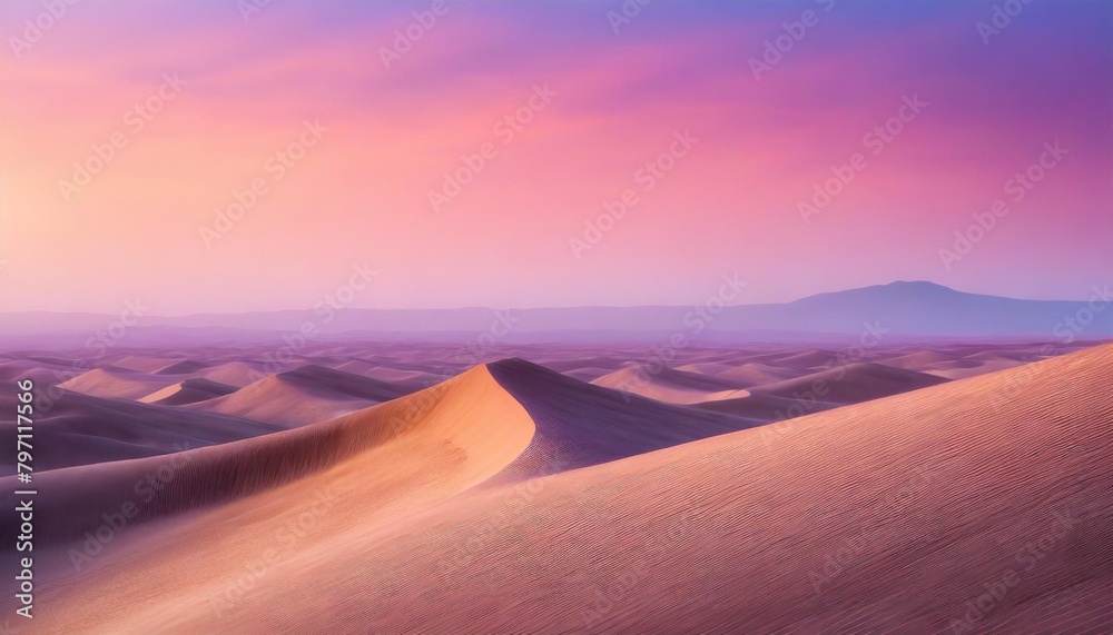 rolling sand dunes form a empty desert landscape sunrise background with pink gradient sky