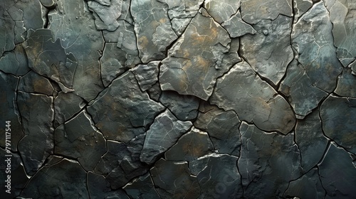A wall made of broken rocks with a crack in it. The wall is made of stone and has a rough texture