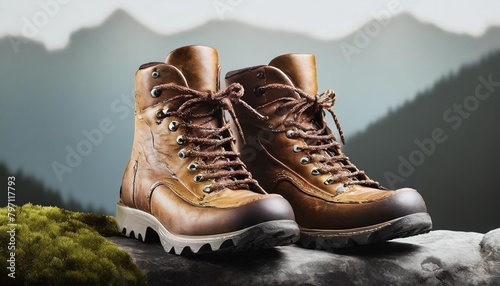 a pair of well worn old leather hiking boots used to protect your feet when walking in the mountains isolated against a transparent background photo