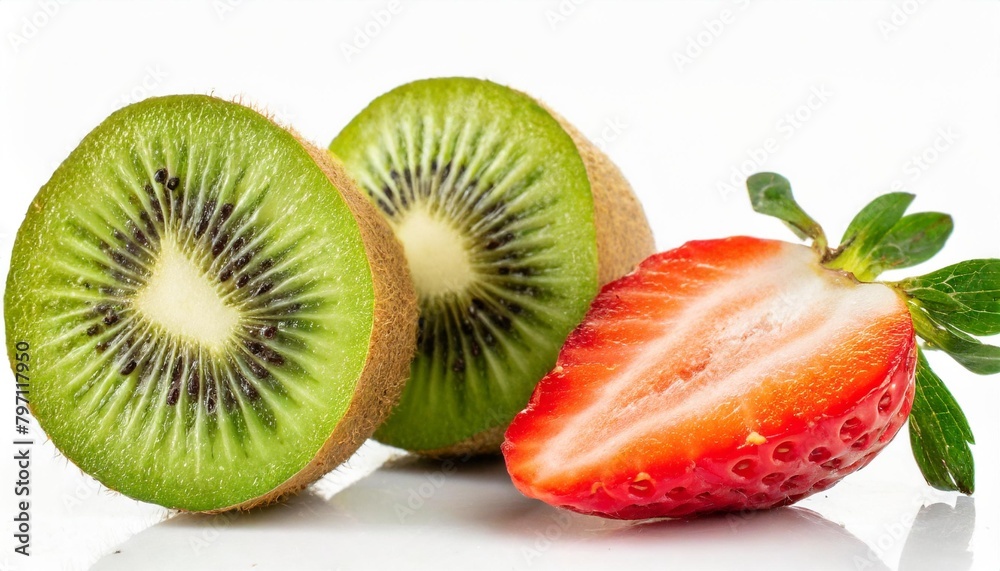 half cut kiwi fruit and fresh strawberry isolated on white background half cut kiwi fruit and fresh strawberry isolated on white background