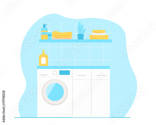 Laundry room with washing machines on flat background. Room interior, washing machine, cleaning products, hygiene, hotel apartment, background vector illustration. Cartoon bathroom furniture