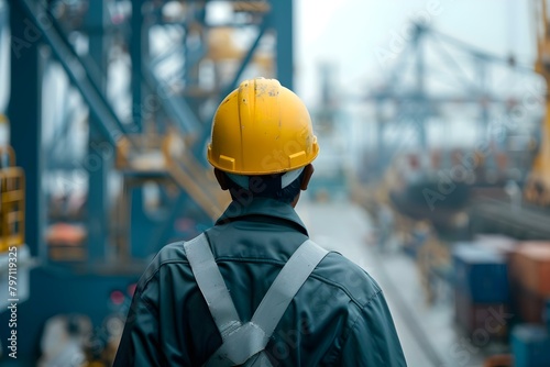 Male worker in hard hat seen from behind at cargo port. Concept Cargo Port Worker, Hard Hat, Industrial Environment, Man at Work, Port Operations