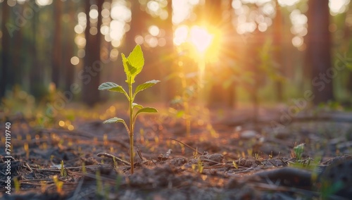 Young plant sprouting in a forest at sunrise