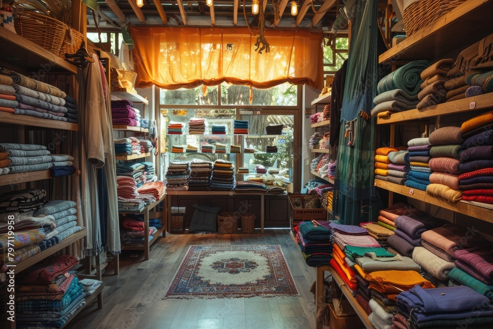 A store with many different colored blankets and a rug on the floor. The store is brightly lit and the colors of the blankets are vibrant