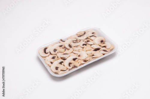 Sliced Mushrooms in Disposable Tray with Transparent Plastic Cover