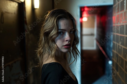 Young woman in a dimly lit corridor looking over her shoulder