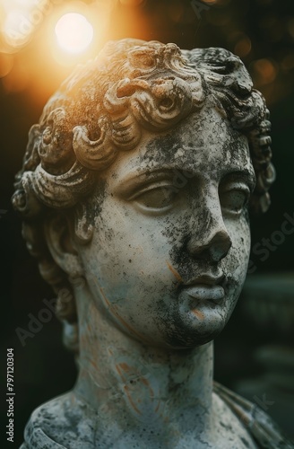 Antique sculpture of a young man with sunset backlight
