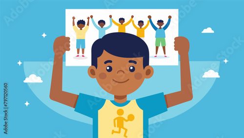 A young boy proudly holds up a poster featuring influential African American athletes reflecting on their achievements and inspiring him to pursue his. Vector illustration