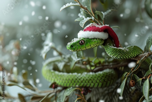A festive green snake in a Santa Claus hat slithers along a spruce branch in a winter forest. © Neuraldesign