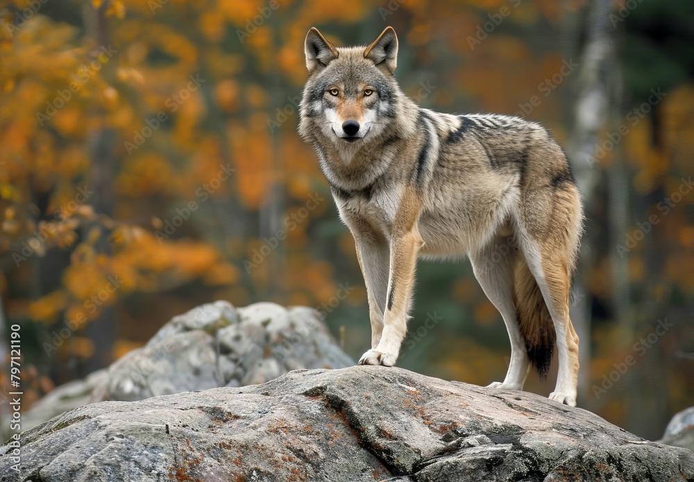 Majestic wolf standing on a rock in autumn forest Majestic wolf standing on a rock in autumn forest
