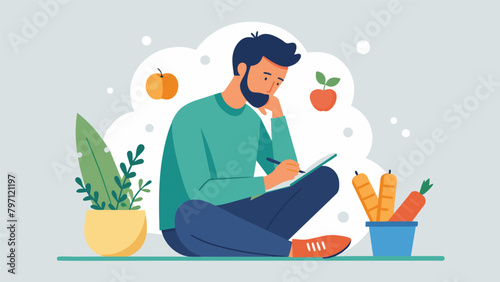 A man sits down with a pen and paper thoughtfully creating a customized nutrition plan to address his specific health concerns..