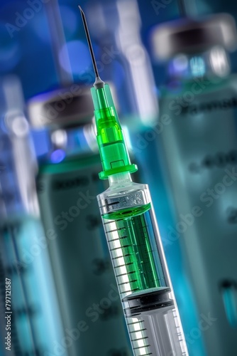Syringe with green liquid on a blurred laboratory background photo