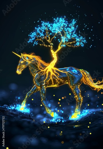 Glowing Magical Unicorn in a Mystical Night Landscape