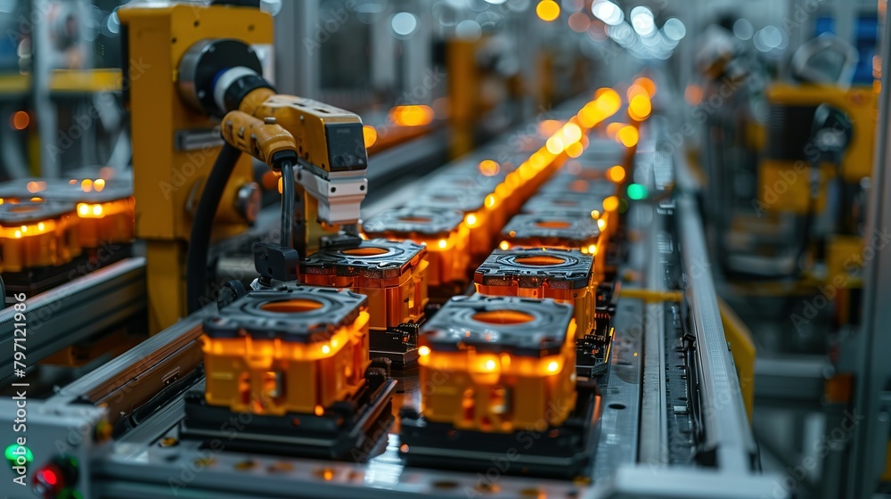Efficiency in Motion: Close-up of Electric Vehicle Battery Assembly Line