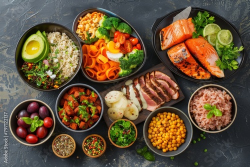 Various types of food, ingredients, and dishes are on the table photo