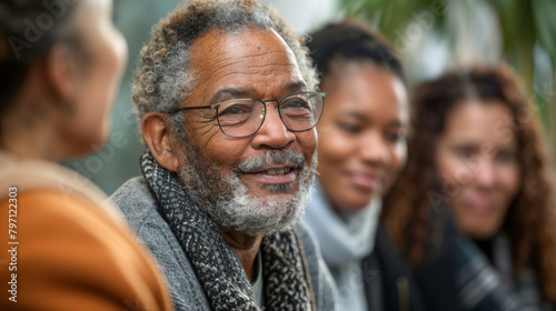 A senior man with glasses shares a joyful moment with his family, with smiling women in soft focus behind him. © khonkangrua