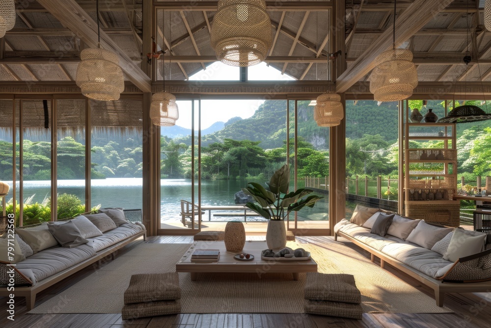 Elegant living room interior design in a tropical resort with open view to nature and lake. Elegant living room interior design in a tropical resort with open view to nature and lake.