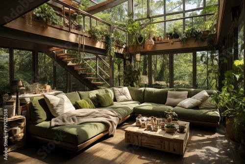 Lush green potted plants brighten up the room, giving it a serene botanical charm. © Neuraldesign