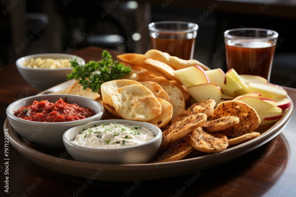 A wooden table with a plate full of chips, crackers, apples, and dips.