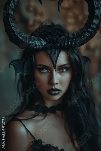 Mysterious woman in dark fantasy costume with horns