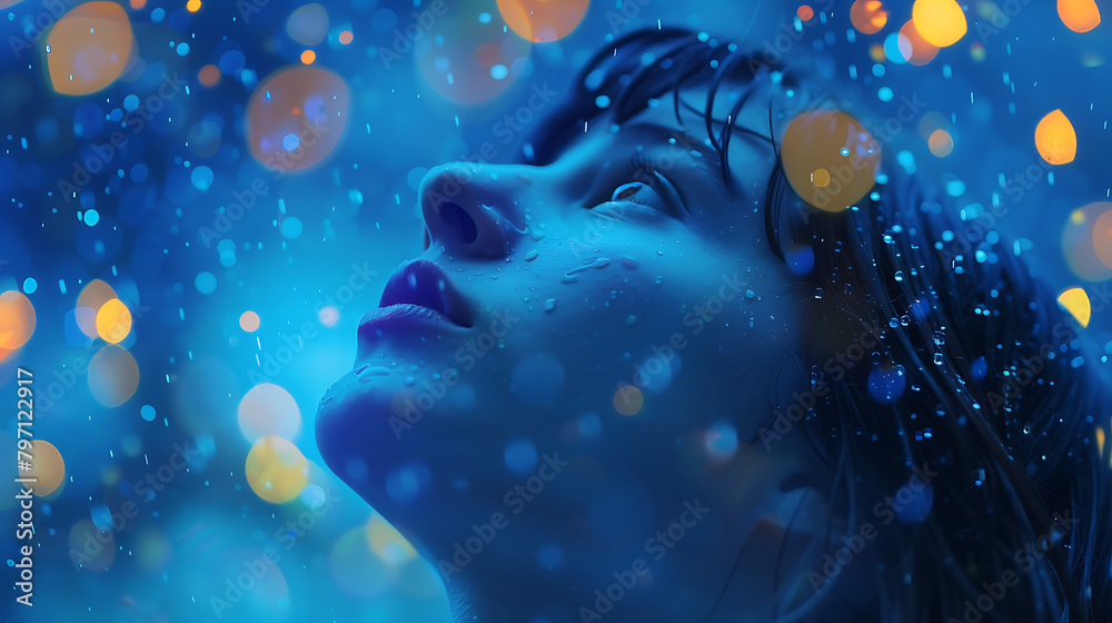 a young girl looking up at the sky with rain drops on her face and a blue background a young girl looking up at the sky with rain drops on her face and a blue background
