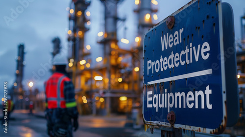 A safety sign emphasizing the importance of protective gear stands out at an industrial plant during blue hour.