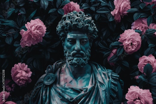 Ancient statue surrounded by vibrant roses in a mystical garden