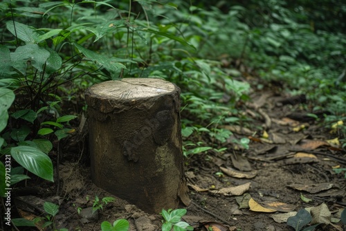 Tree stump in a lush green forest