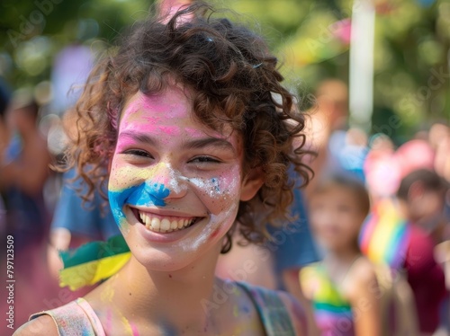 Joyful young woman with colorful face paint at a festival