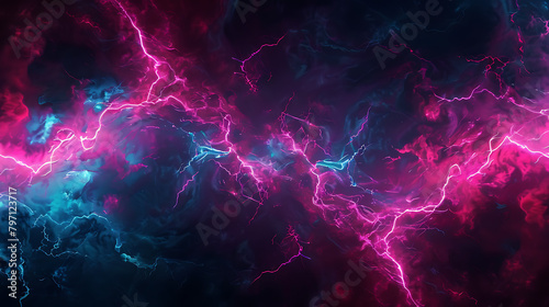 an abstract design featuring vibrant pink and blue lightning bolts set against a dark background