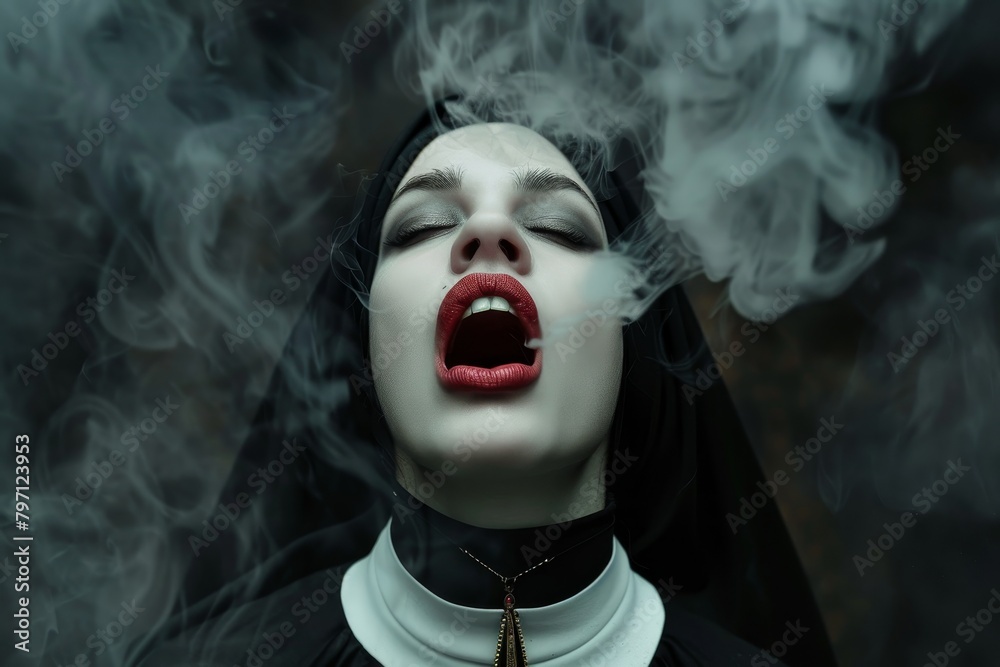 Fototapeta premium Mysterious nun exhaling smoke in a dark atmosphere