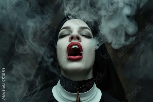 Mysterious nun exhaling smoke in a dark atmosphere photo