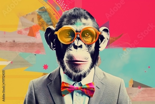 Collage Retro dreamy of monkey business ape wildlife portrait.