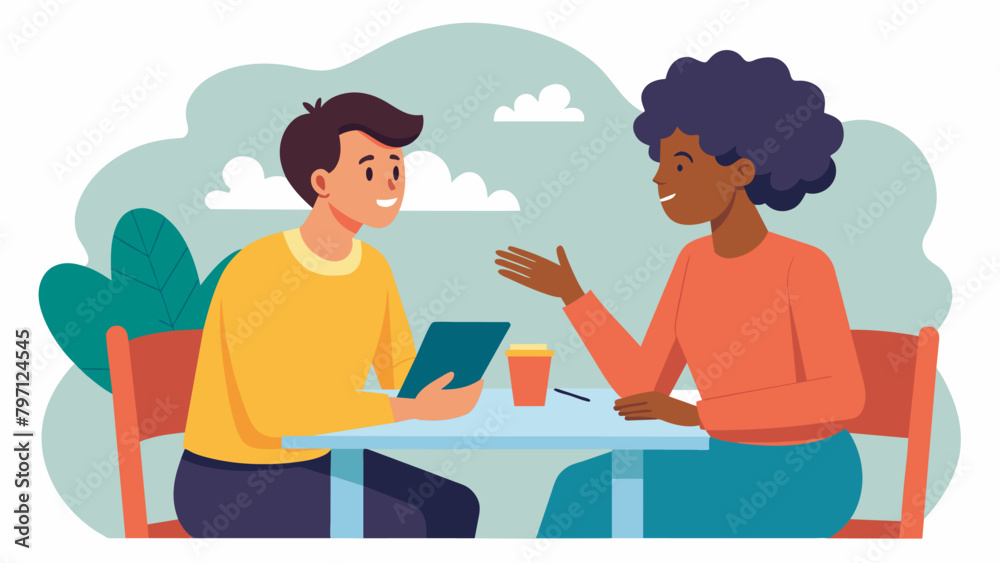 Two individuals having a meaningful conversation at a small group discussion during a Juneteenth advocacy workshop.. Vector illustration Two individuals having a meaningful conversation at a small group discussion during a Juneteenth advocacy workshop.. Vector illustration