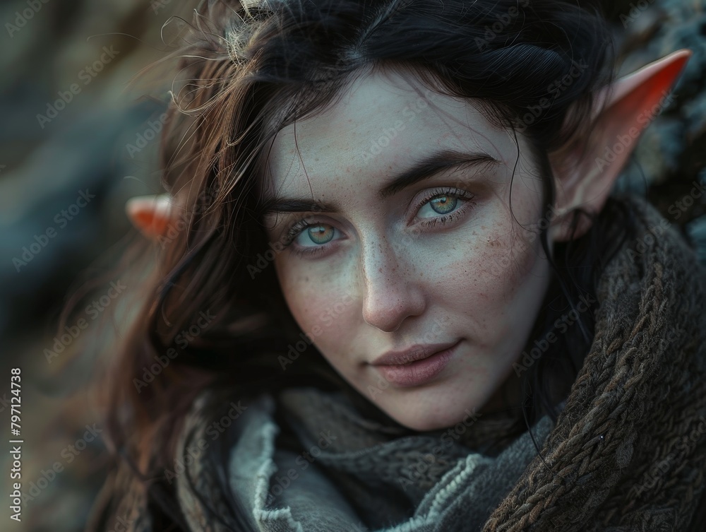 Mystical elf woman with captivating eyes in a natural setting Mystical elf woman with captivating eyes in a natural setting