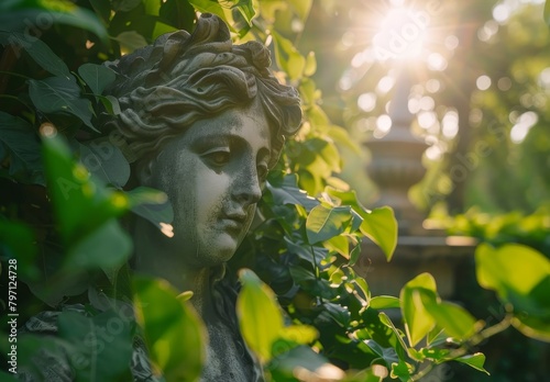 Statue of a Woman Surrounded by Green Leaves with Sunlight Filtering Through