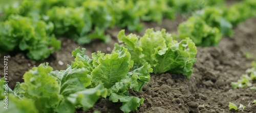 Fresh lettuce growing in fertile farm soil photo