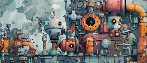 Illustrate the inner workings of a suction machine with a mix of vibrant watercolors, showcasing the complex machinery in a whimsical yet technically accurate style