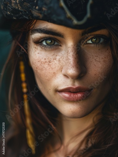 Intense gaze of a young woman with freckles wearing a feathered hat