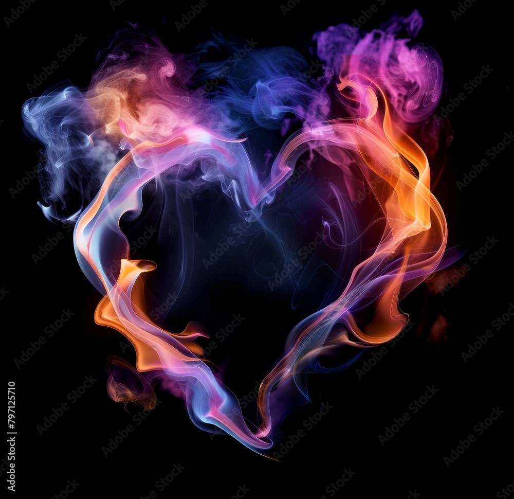 Colorful smoke forming a heart shape on a dark background