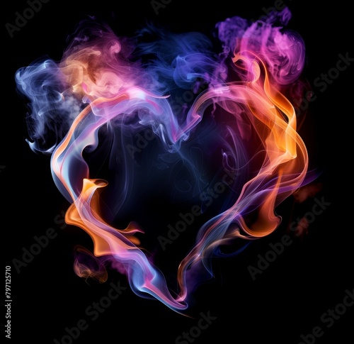 Colorful smoke forming a heart shape on a dark background