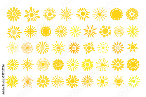 Simple yellow suns set vector flat illustration with round shape middle and beams, cute summer image for making cards, decor, vacation concept, holiday and summertime design for children
