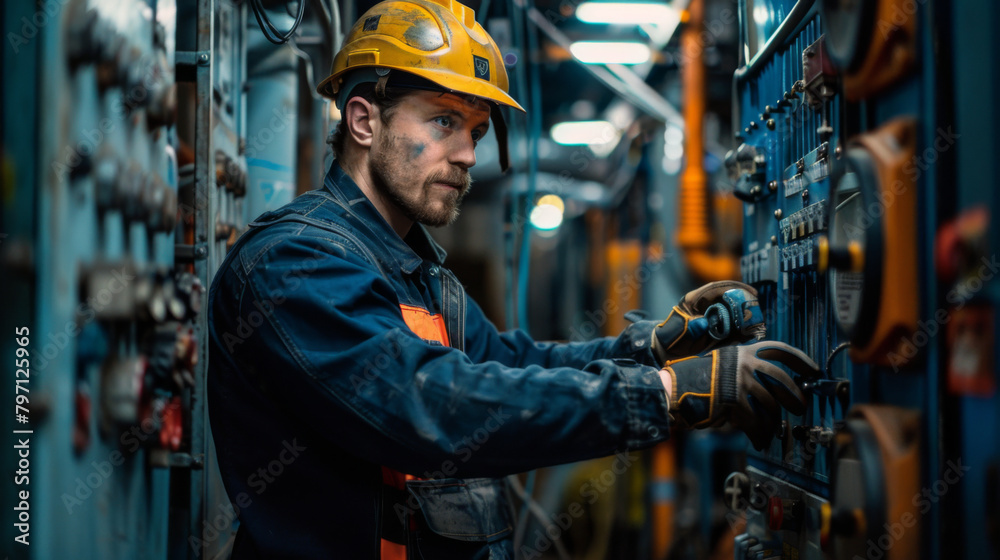 Skilled electrician carefully adjusting components on an electrical panel inside an industrial facility.